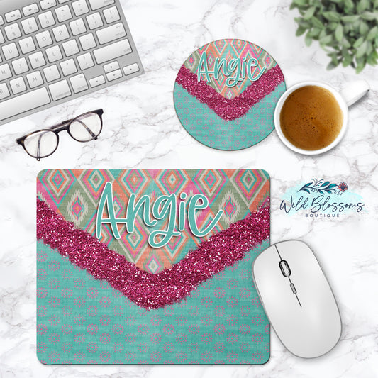 Boho Aztec Glitter Look Personalized Mouse Pad And Coaster Desk Set