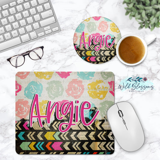 Boho Floral Personalized Mouse Pad And Coaster Desk Set