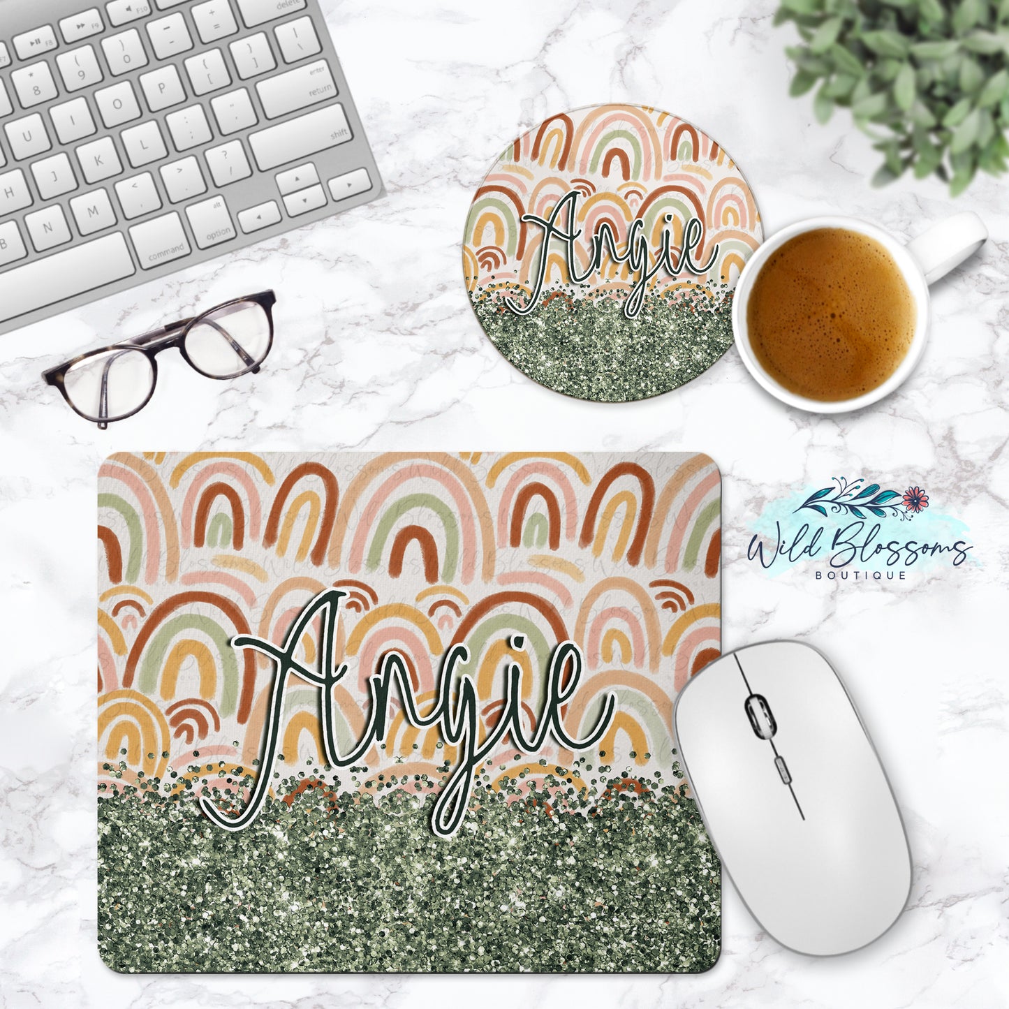 Boho Rainbow Personalized Mouse Pad And Coaster Desk Set