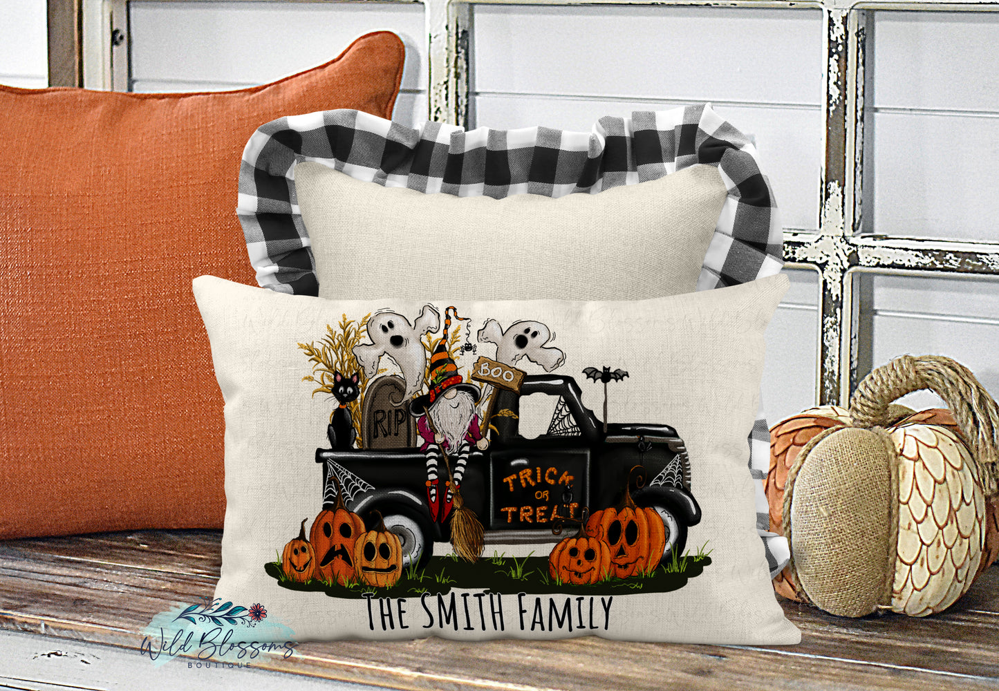 Halloween Boo Gnome Truck Personalized Lumbar Pillow