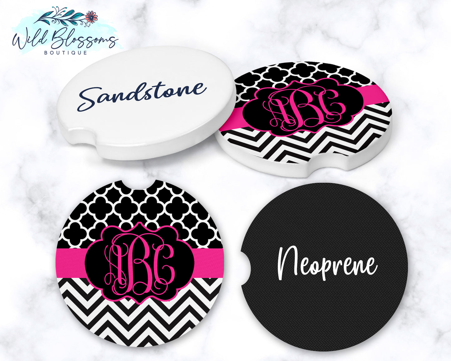 Black And Pink Monogram Car Coasters