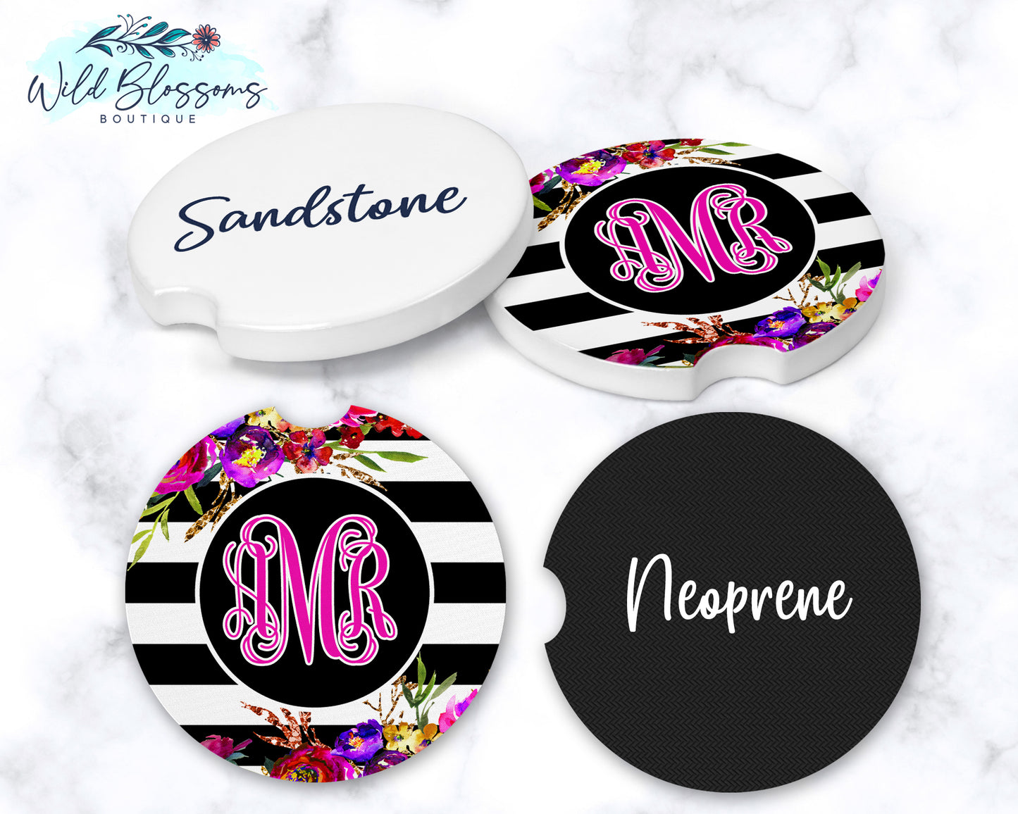 Black And White Striped Bright Floral Car Coasters