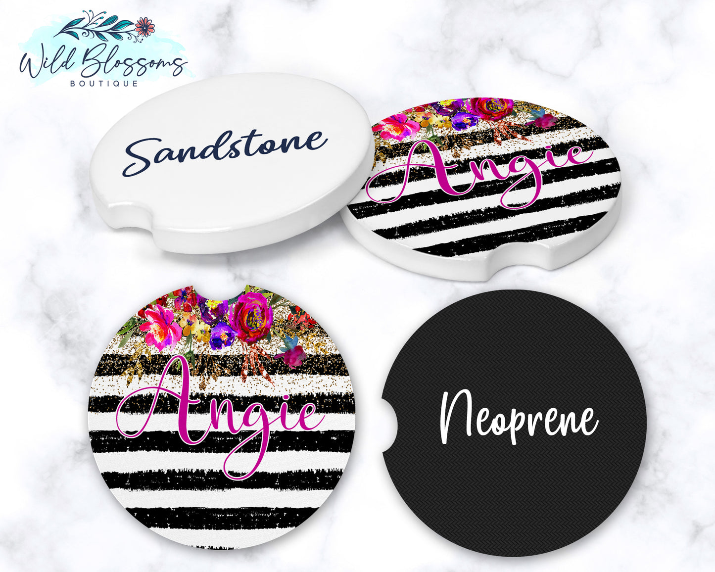 Black And White Striped Gold Floral Car Coasters