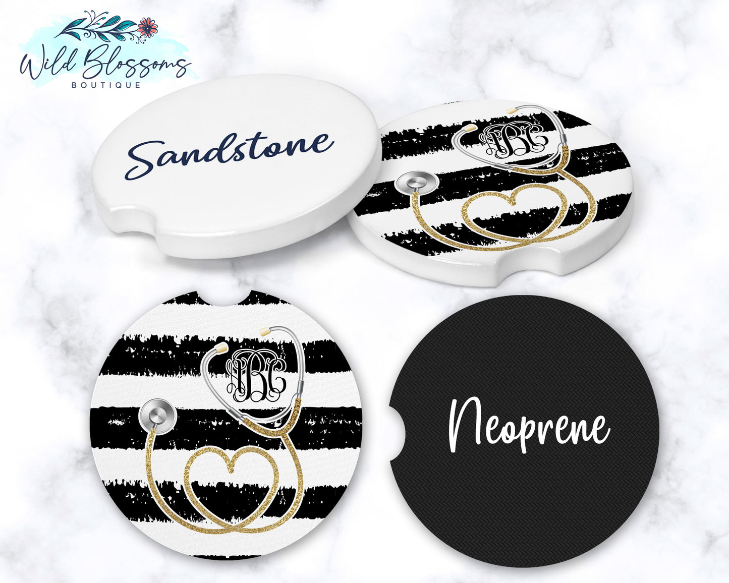 Black And White Striped Gold Stethoscope Car Coasters