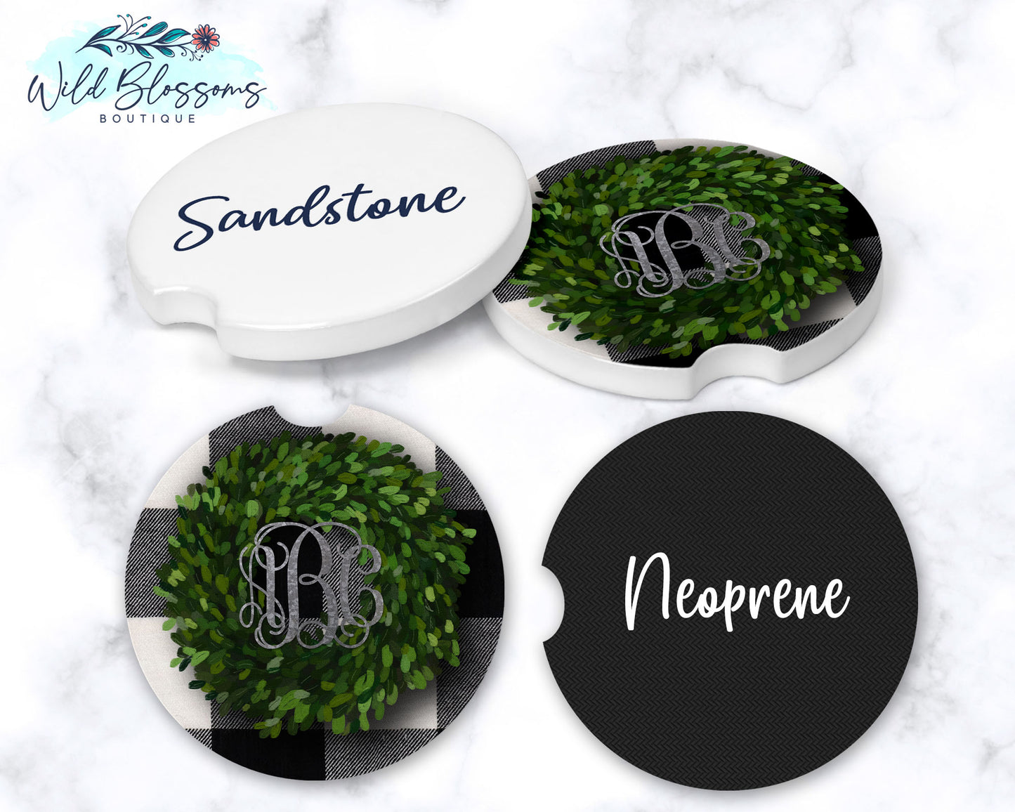 Buffalo Plaid Boxwood Wreath Car Coasters