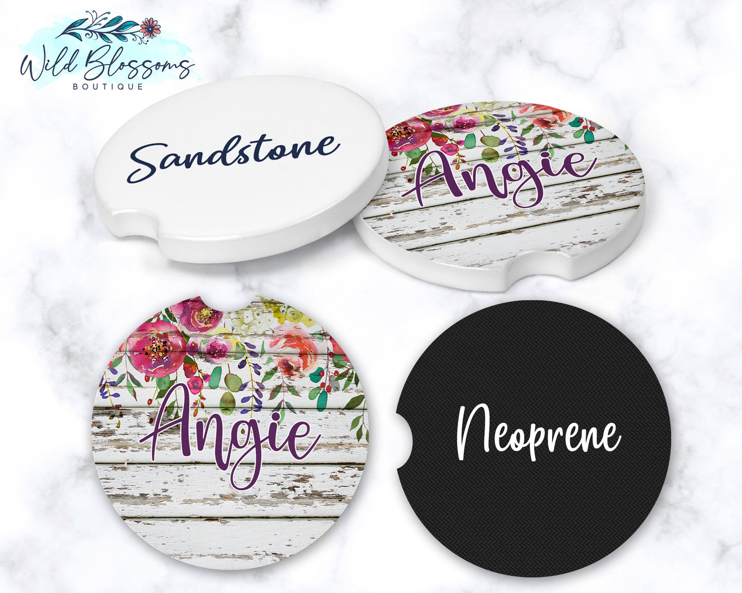 White Wooden Floral Car Coasters