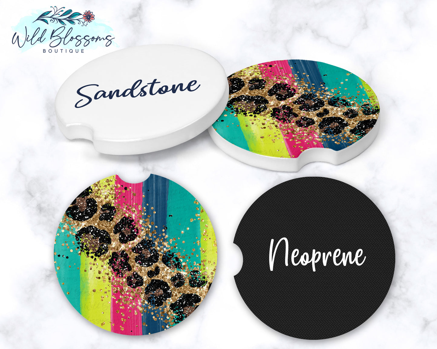 Glitter Leopard Print Bright Paint Strokes Car Coasters