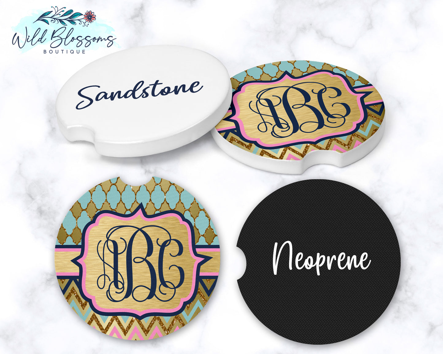 Mint, Pink, Navy And Gold Monogram Car Coasters