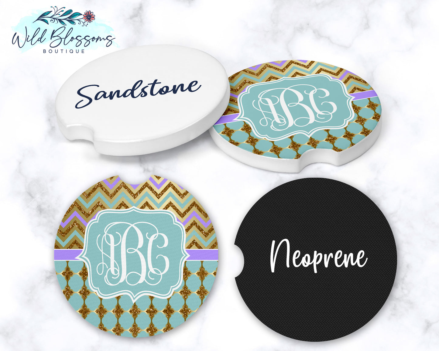 Mint, Purple And Gold Monogram Car Coasters