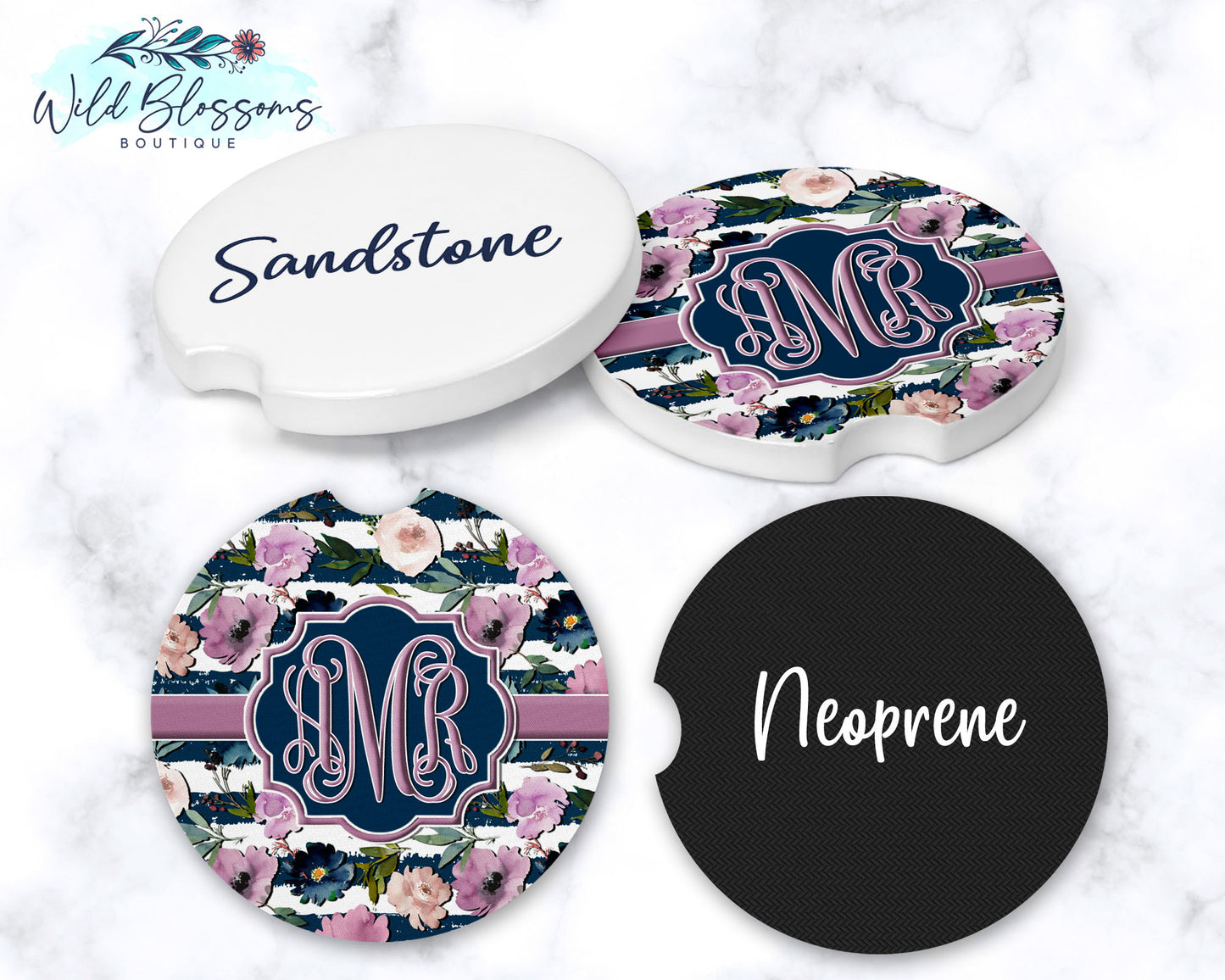 Navy And Mauve Floral Car Coasters