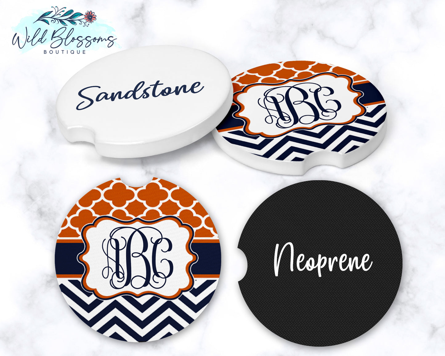 Orange And Navy Monogram Car Coasters