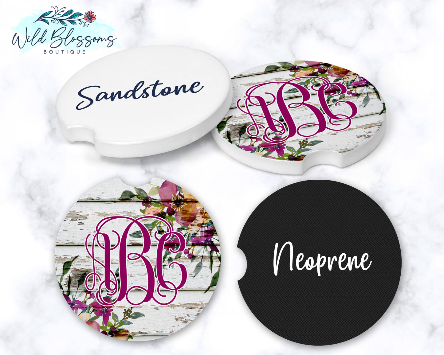 White Wooden Plum Floral Car Coasters