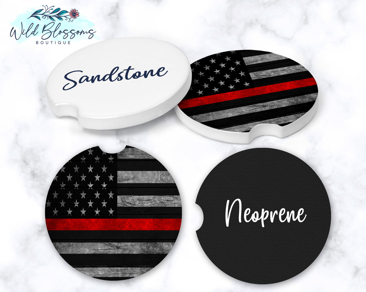 Wooden American Flag Red Line Car Coasters