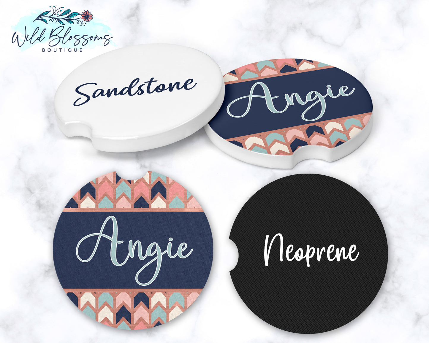 Rose Gold, Mint And Navy Chevron Car Coasters