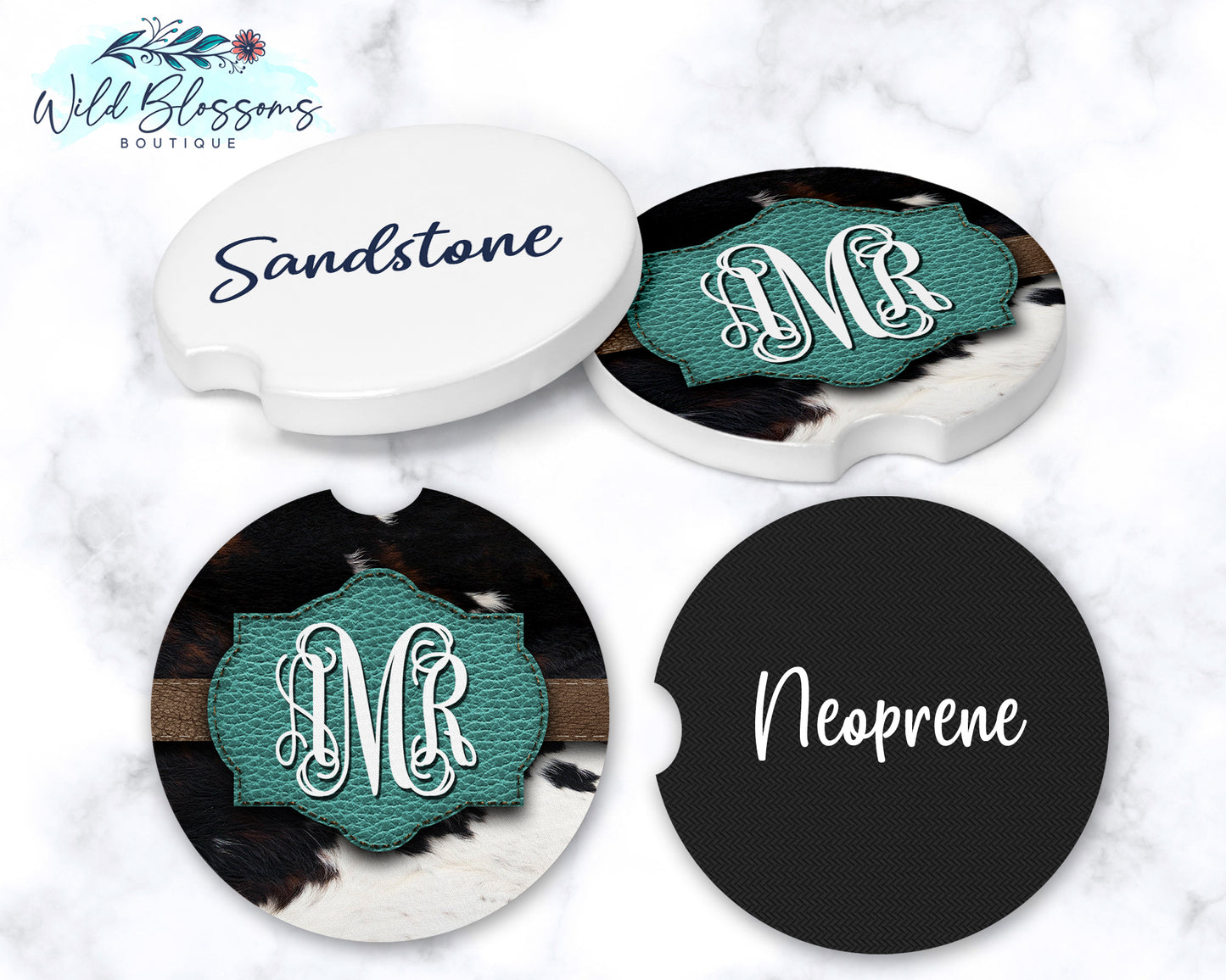 Turquoise Cow Print Car Coasters