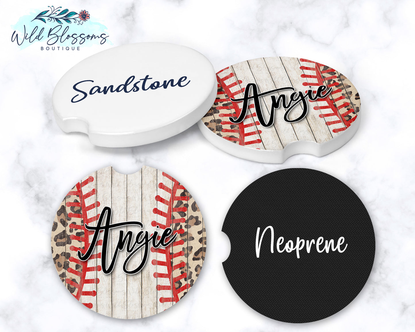 Wooden Baseball And Leopard Print Car Coasters