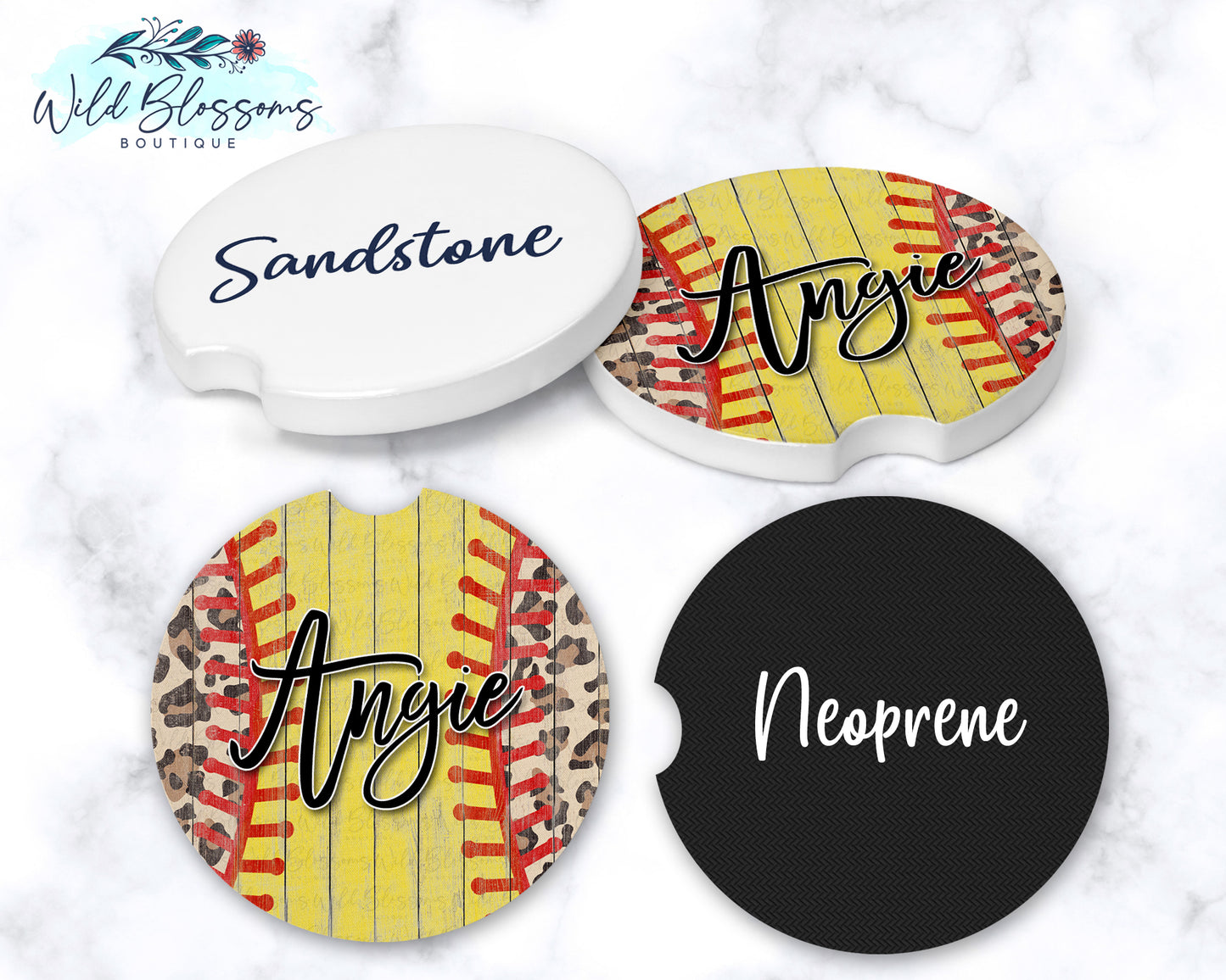 Wooden Softball And Leopard Print Car Coasters