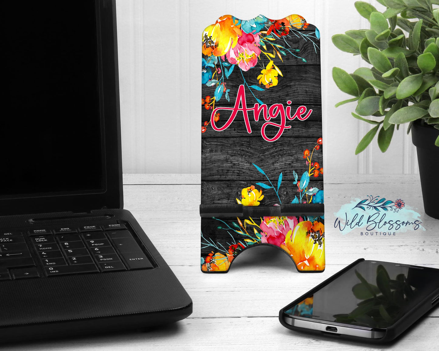 Bright Floral Dark Wood Personalized Mouse Pad And Coaster Desk Set