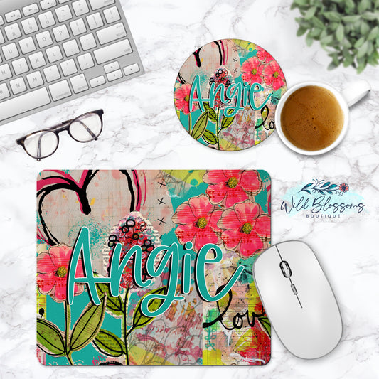 Bright Floral Scrapbook Personalized Mouse Pad And Coaster Desk Set