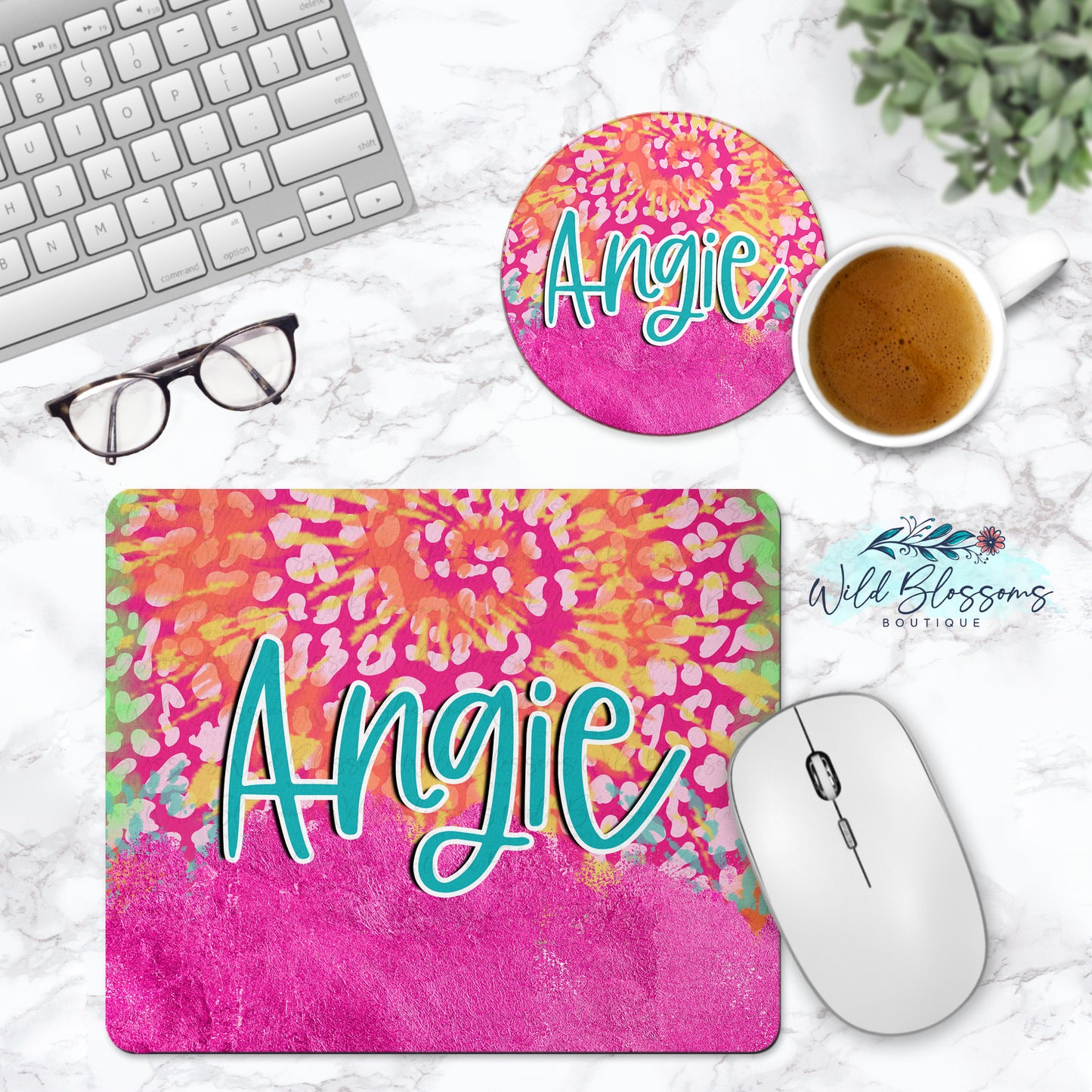 Bright Leopard Print Tie Dye Personalized Mouse Pad And Coaster Desk Set
