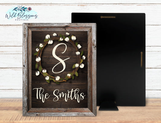 Wooden Frame And Cotton Wreath Family Name Sign