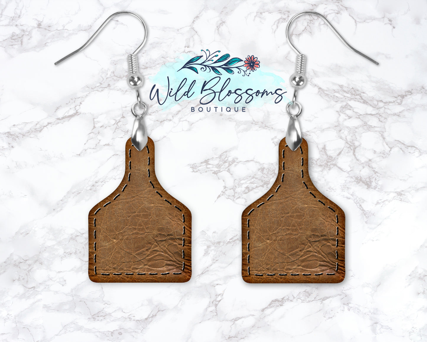 Brown Leather Look Cow Tag Drop Earrings