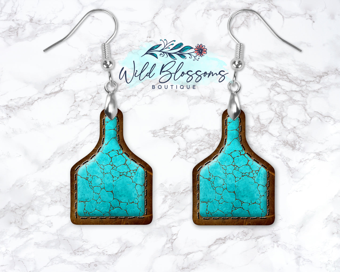 Brown Leather Look Turquoise Cow Tag Drop Earrings