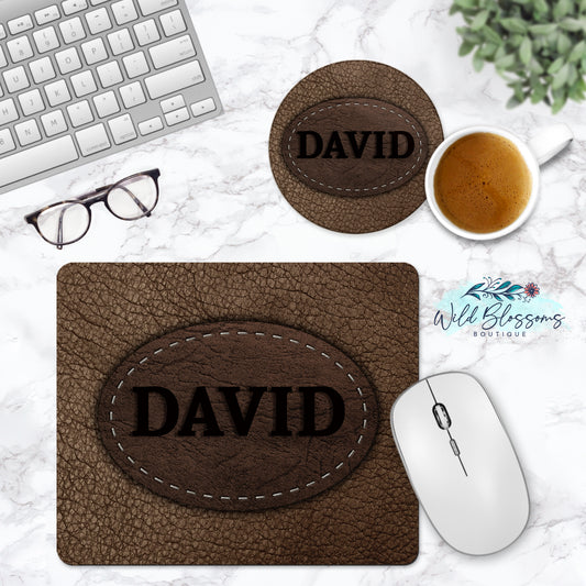 Brown Leather Look Personalized Mouse Pad And Coaster Desk Set