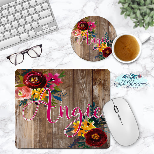 Brown Wooden Floral Personalized Mouse Pad And Desk Set