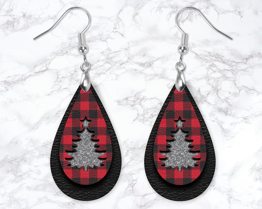 Buffalo Plaid Silver Christmas Tree Drop Earrings