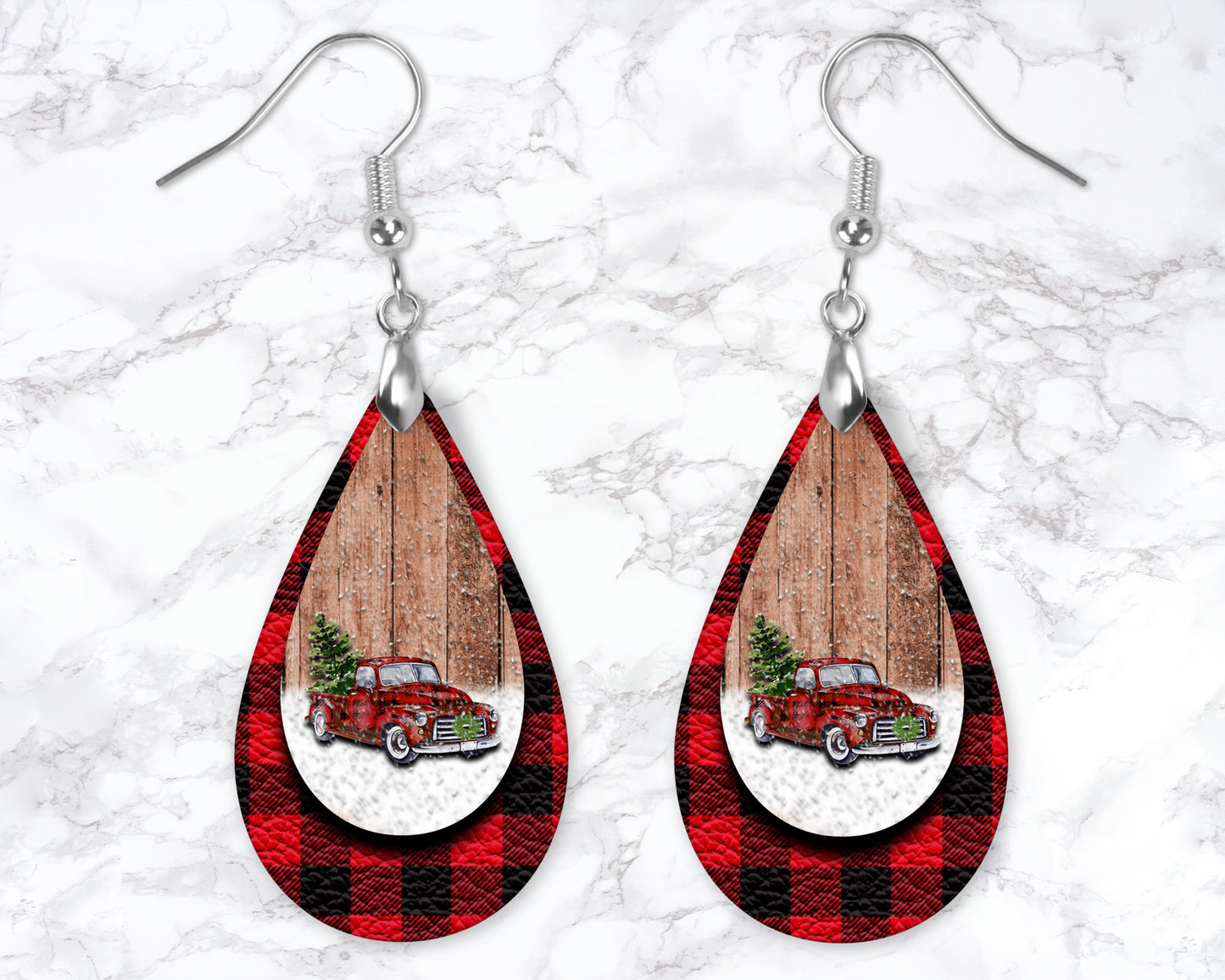 Buffalo Plaid Vintage Red Truck Drop Earrings