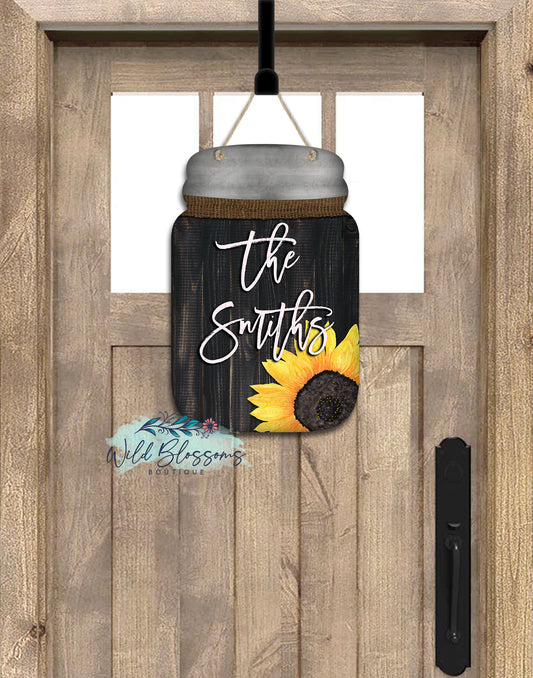 Black Wooden Sunflower Mason Jar Door Hanger