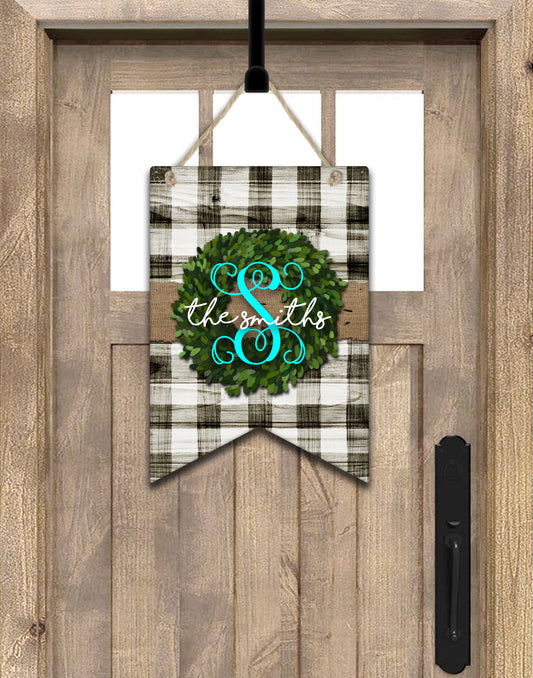 Wooden Buffalo Plaid And Boxwood Wreath Bunting Door Hanger