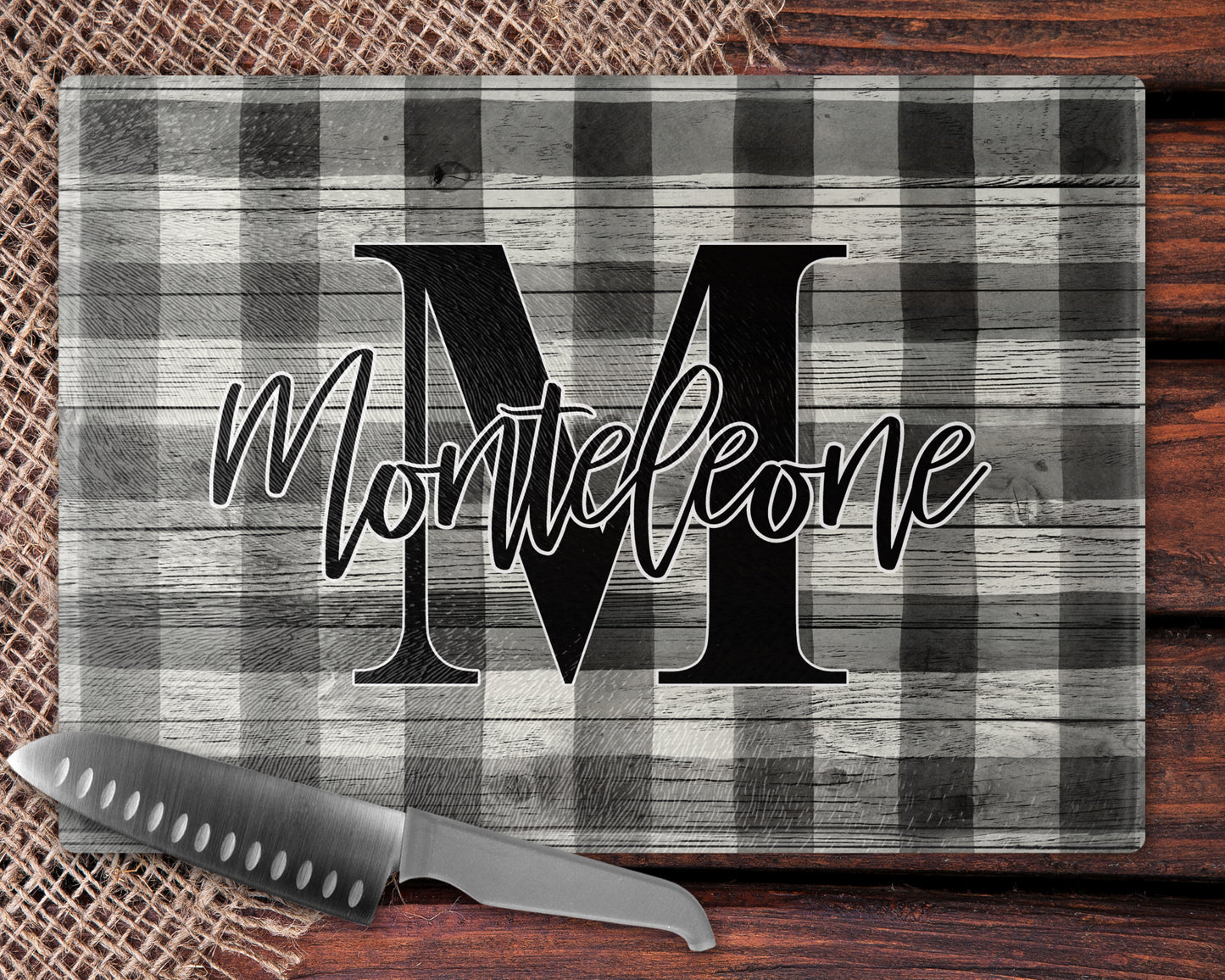 Wooden Buffalo Plaid Monogram Glass Cutting Board