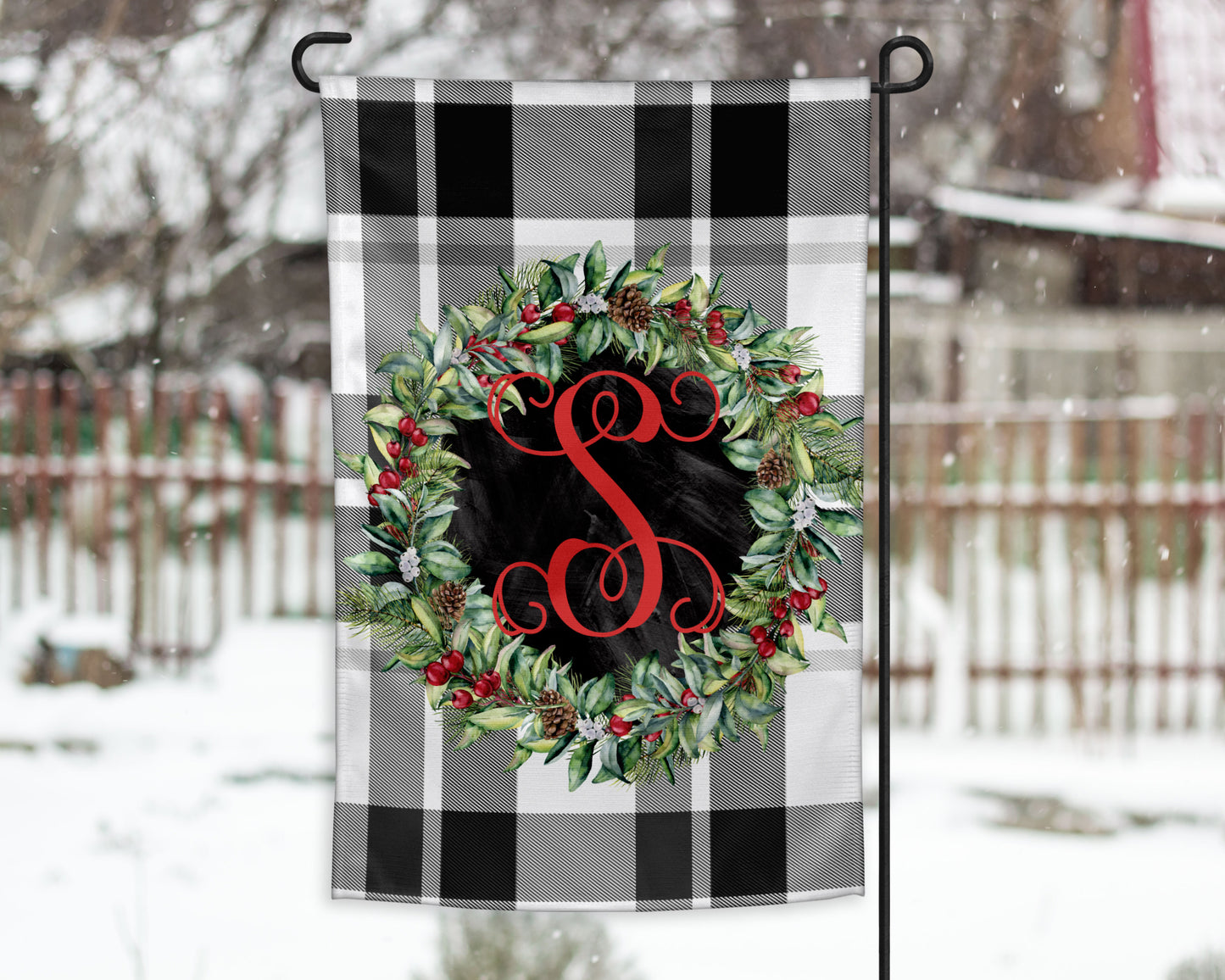 Berry Wreath Monogram Garden Flag