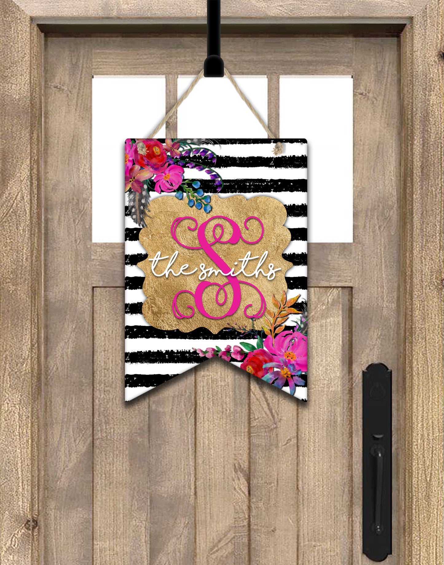 Black And White Striped Floral Bunting Door Hanger