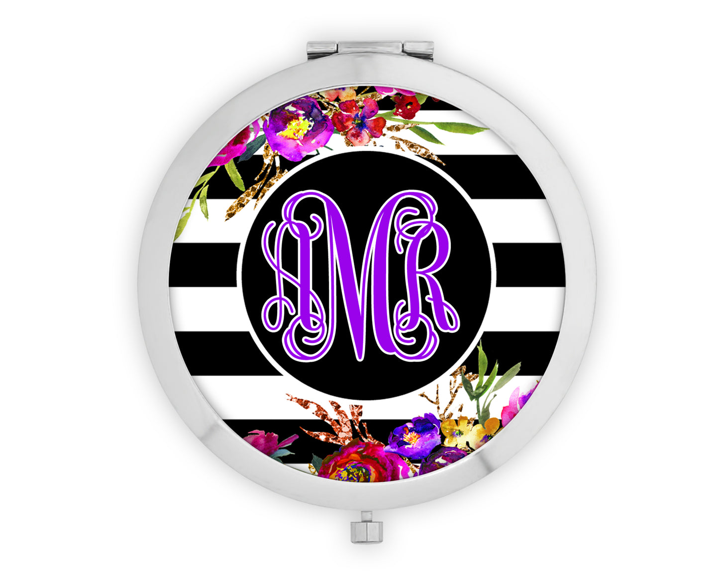 Black and White Striped Bright Floral Monogram Mirror Compact