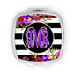 Black and White Striped Bright Floral Monogram Mirror Compact