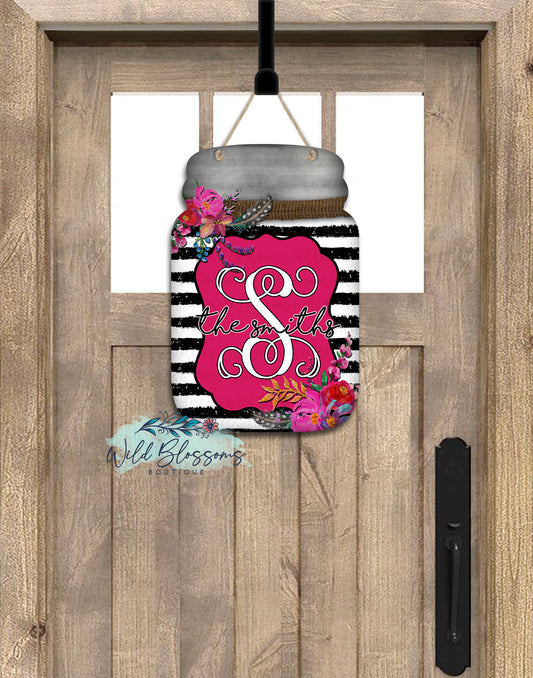 Black And White Striped Floral Mason Jar Door Hanger