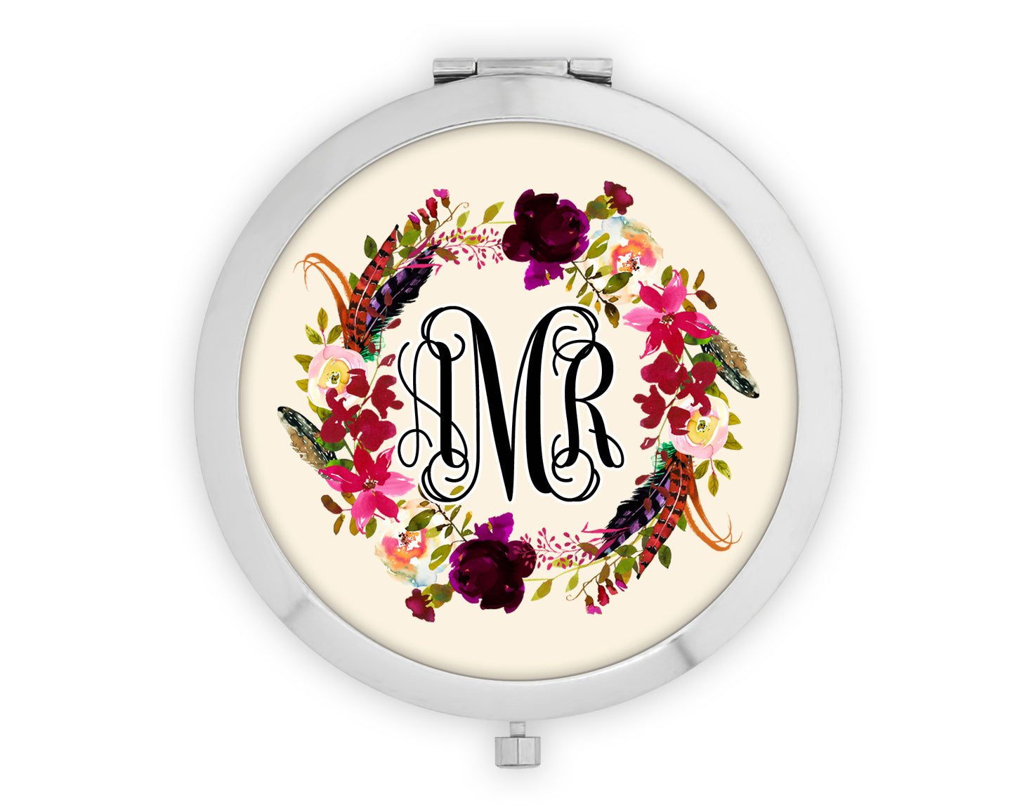 Burgundy Floral Wreath Monogram Mirror Compact