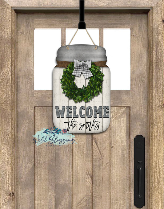 Boxwood Wreath Welcome Mason Jar Door Hanger