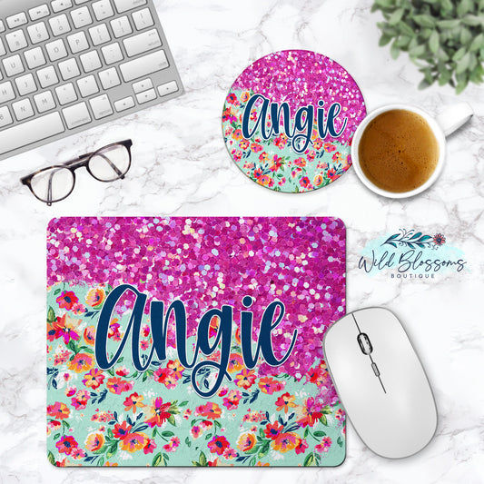 Bright Pink Floral Glitter Look Personalized Mouse Pad And Coaster Desk Set