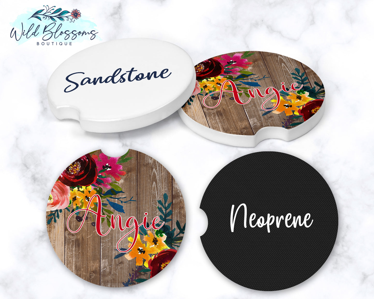 Brown Wooden Floral Car Coasters