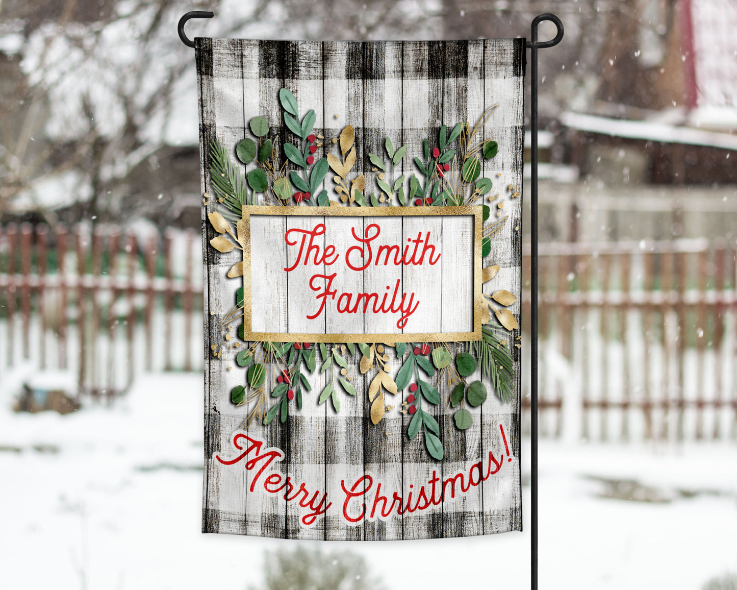 Wooden Buffalo Plaid Christmas Holly Garden Flag