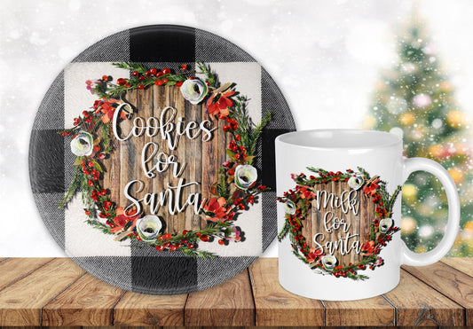 Buffalo Plaid Cookies And Milk For Santa Glass Cutting Board And Mug Set