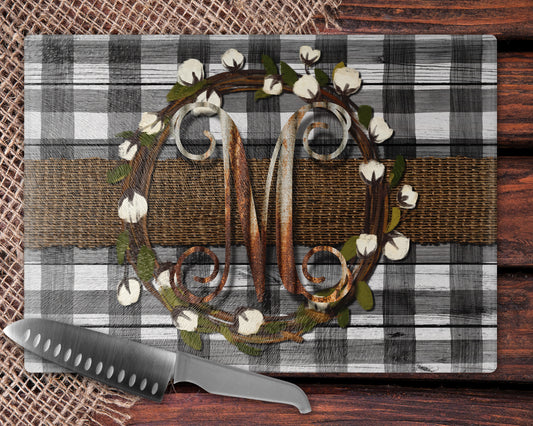 Wooden White Buffalo Plaid Burlap and Cotton Wreath Glass Cutting Board