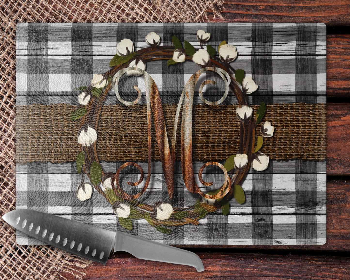 Wooden White Buffalo Plaid Burlap and Cotton Wreath Kitchen Towel