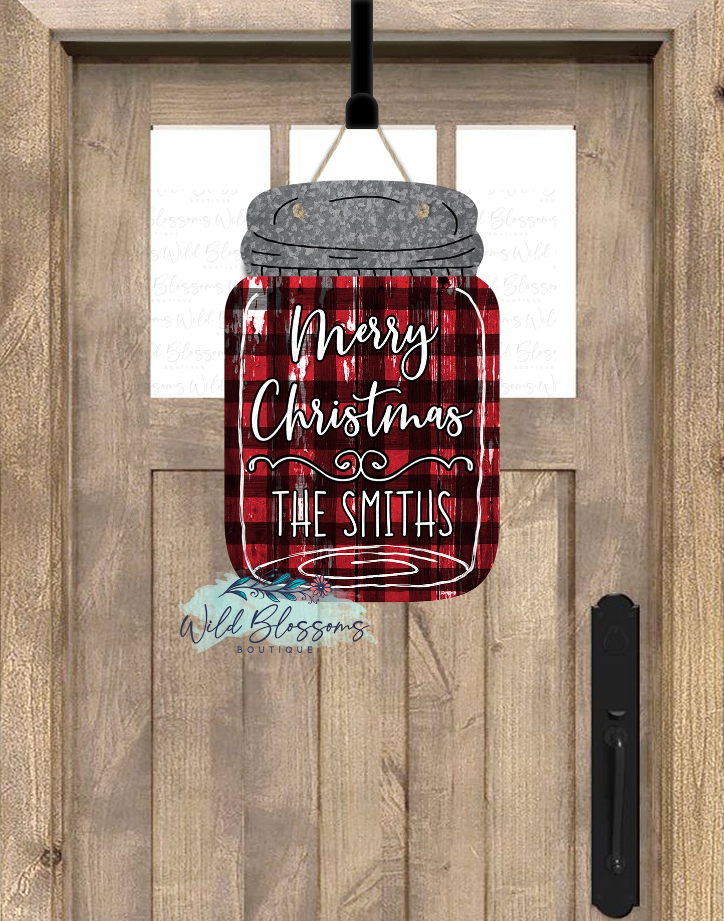 Red Buffalo Plaid Merry Christmas Mason Jar Door Hanger