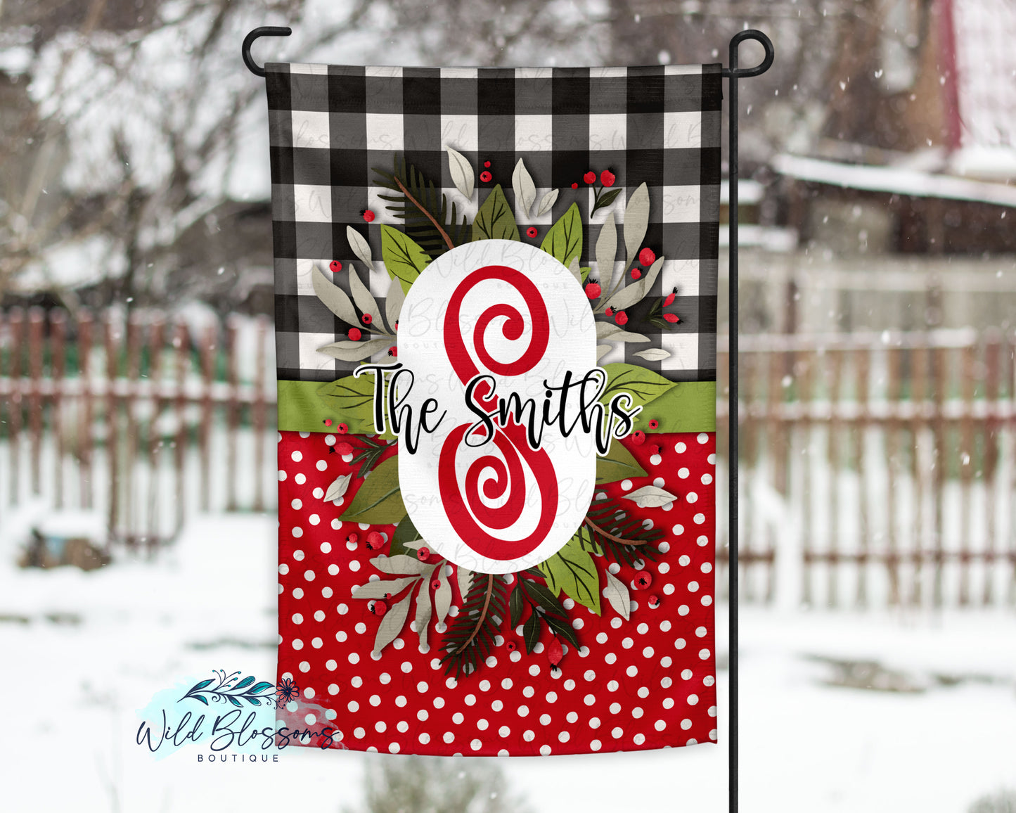 Buffalo Plaid Polka Dot Floral Christmas Garden Flag