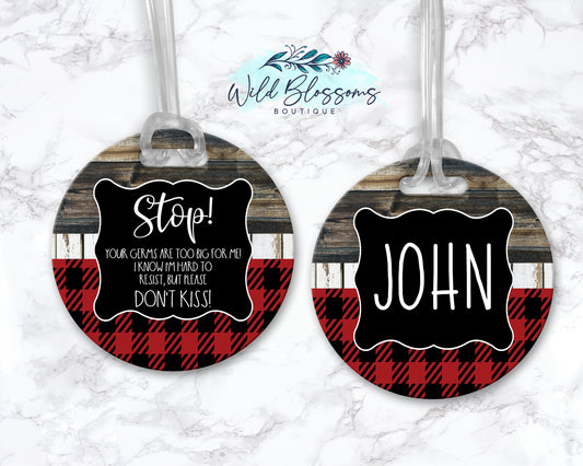 Wooden Red Buffalo Plaid Stop Do Not Kiss Bag Tag